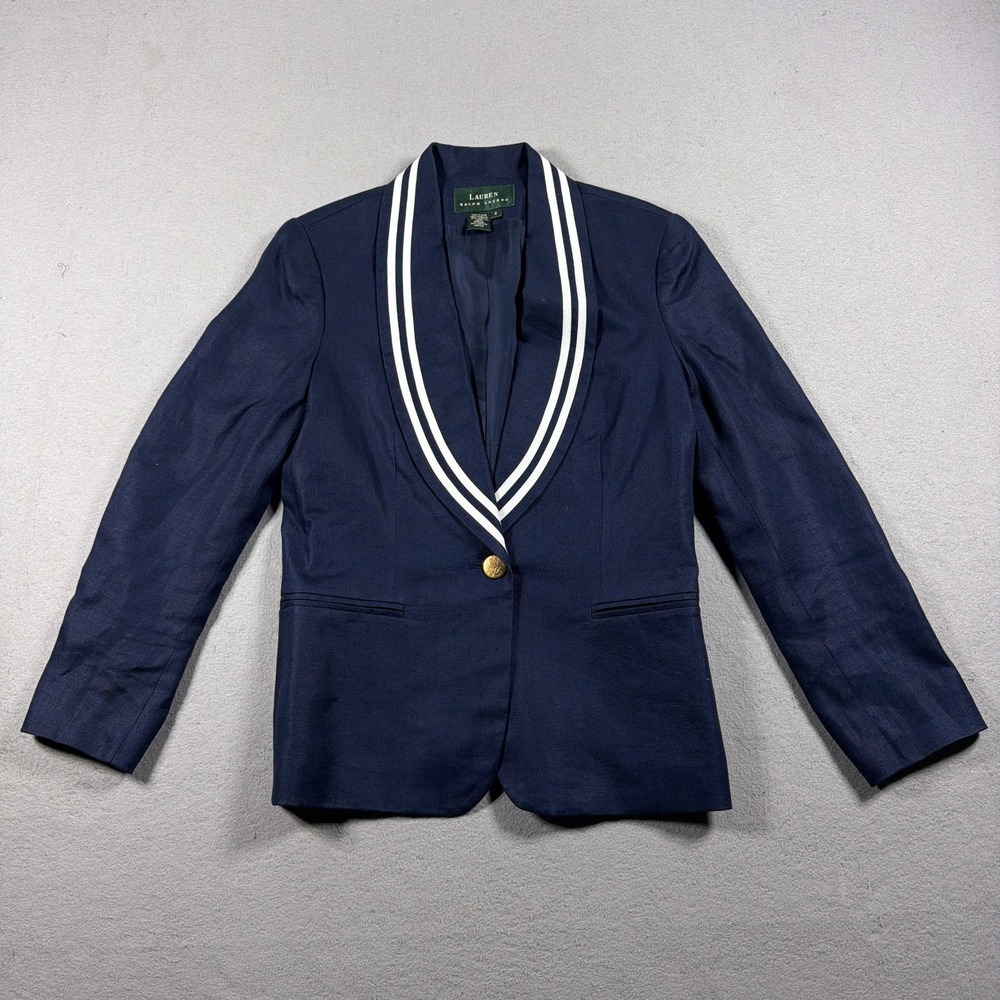 Lauren Ralph Lauren Blazer Women 6 Blue Linen Tuxedo Shawl Nautical Jacket